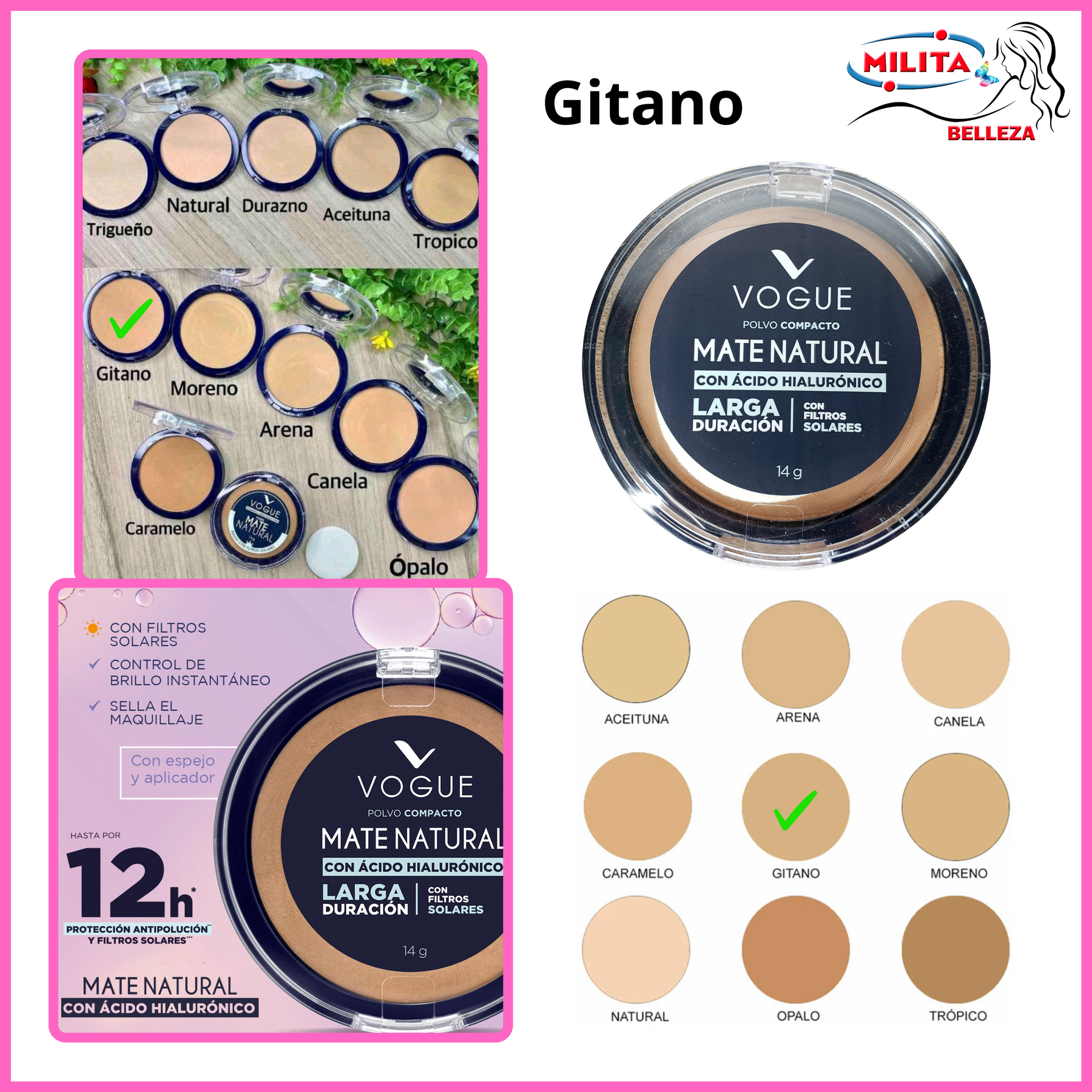 Polvo - Polvo Compacto Matte Natural Larga Duracion Tono Gitano Vogue 14g