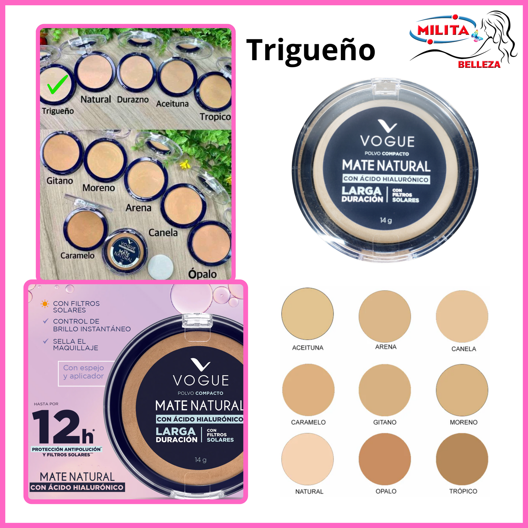 Polvo - Polvo Compacto Matte Natural Larga Duracion Tono Trigueño Vogue 14g